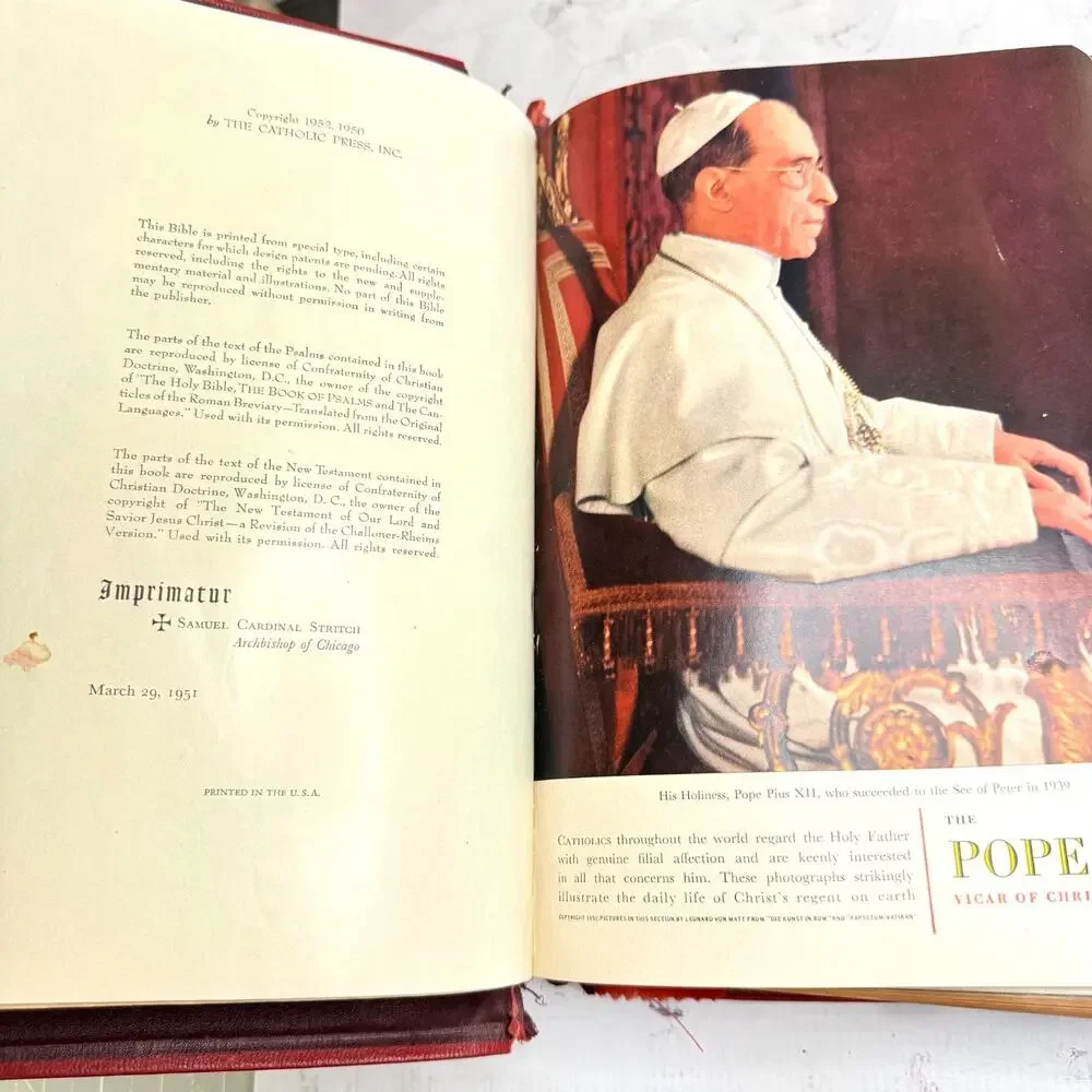 Vtg Holy Bible Catholic Press Papal Edition Red Leather Cover 1952 Special Type